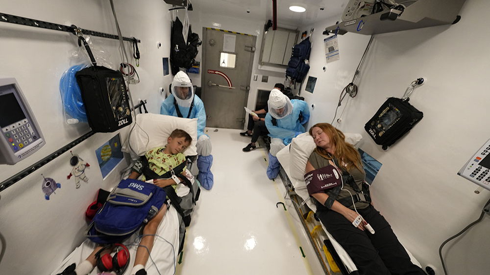 Mock patients and care team members onboard the PBCU enroute from Canada to the United States